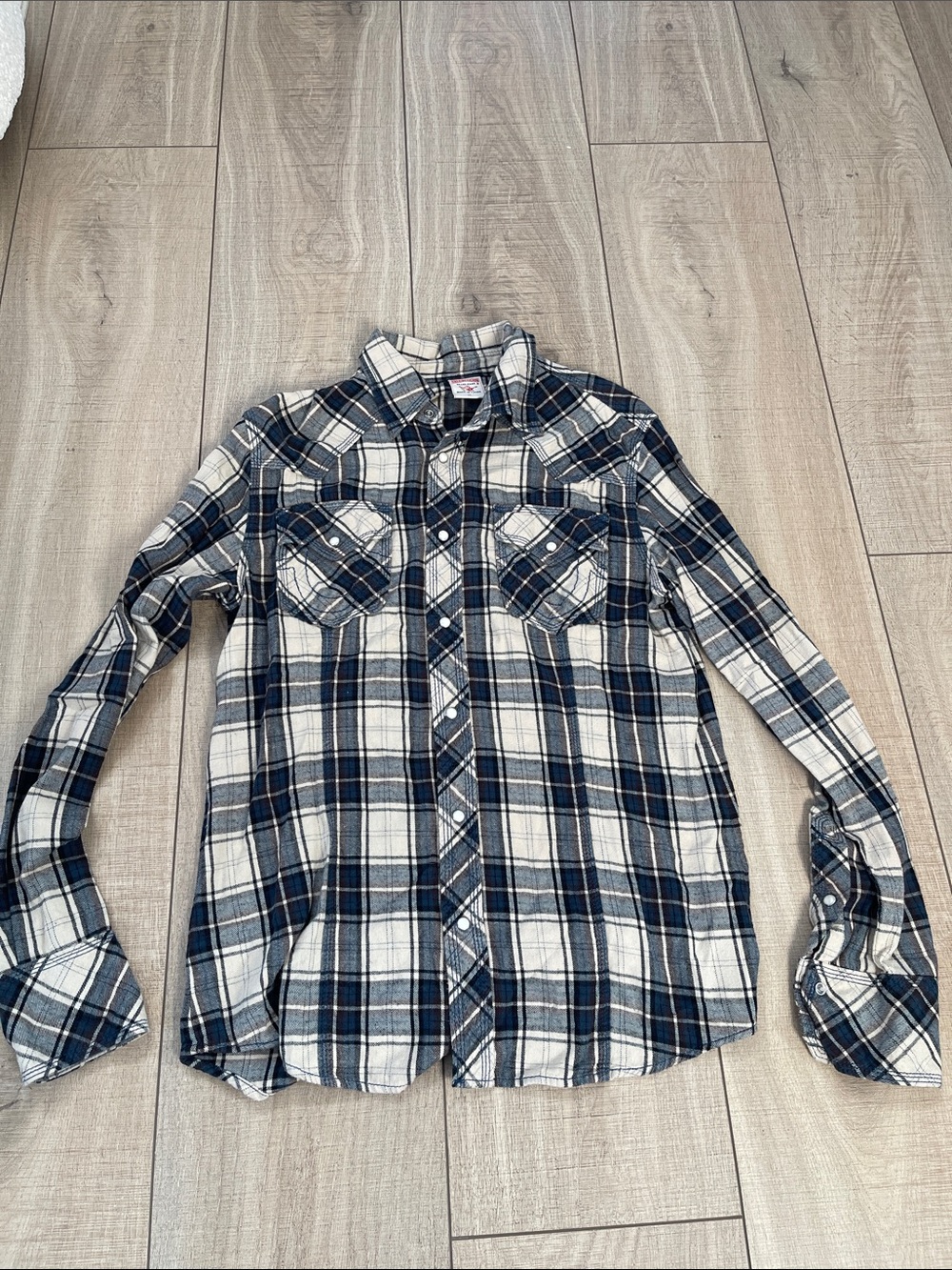 True Religion Navy and White Plaid Button-Down Shirt